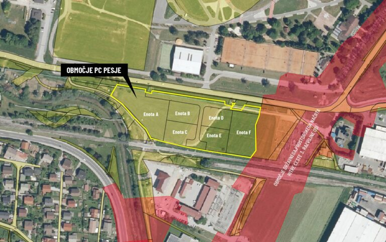 Tlorisni prikaz podjetniške cone Pesje – vzhod v Mestni občini Velenje, z označenimi parcelami, infrastrukturo, dostopnimi potmi in mejnimi linijami območja za gospodarski razvoj